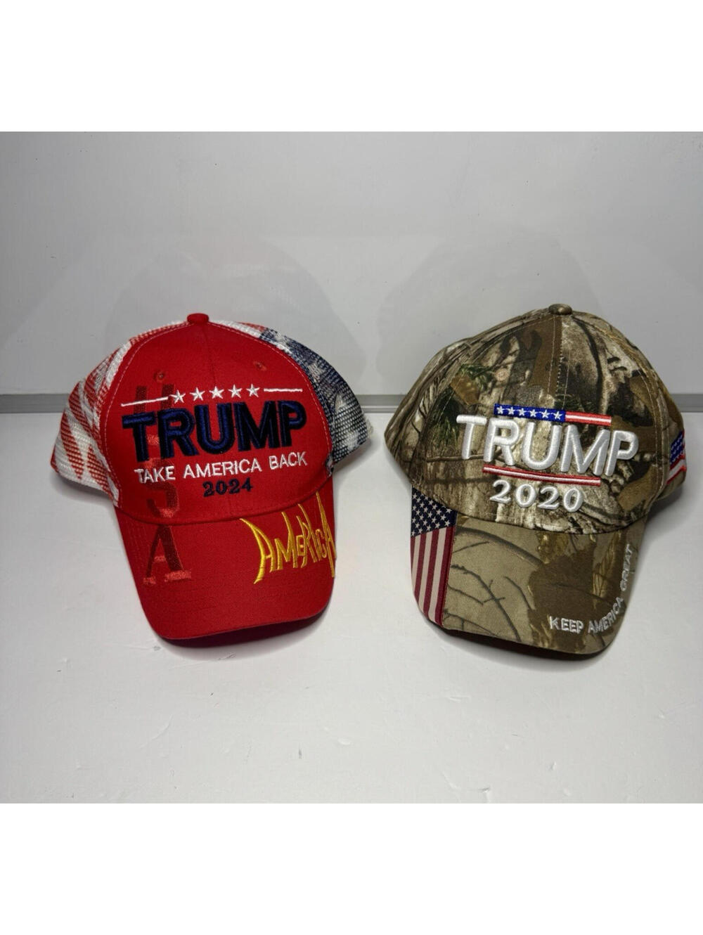Trump Hat Lot of 2 2024 2020 USA Flag Trucker Camo Snapback Strapback Cap